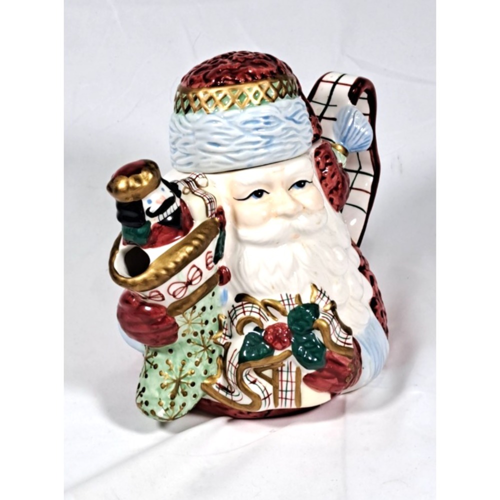 Avon China Santa Claus Christmas Teapot Nutcracker Stocking Plaid Handle Ceramic